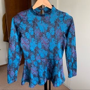 Modcloth Peplum Blue Floral Pattern Top Shirt